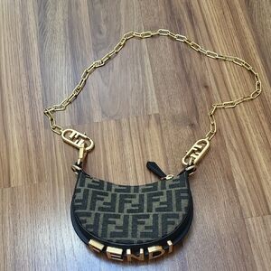 Fendi Brown & Black Mini FF Logo Crescent Bag with Gold Chain